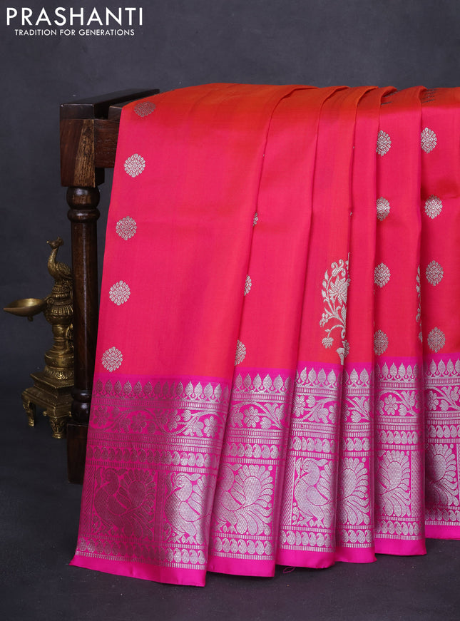 Venkatagiri silk saree dual shade of pinkish orange and pink with silver zari woven buttas and long silver zari woven border