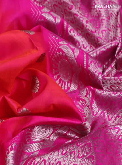 Venkatagiri silk saree dual shade of pinkish orange and pink with silver zari woven buttas and long silver zari woven border