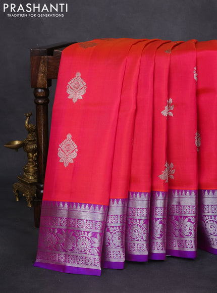 Venkatagiri silk saree dual shade of pinkish orange and purple with silver zari woven buttas and rich silver zari woven border