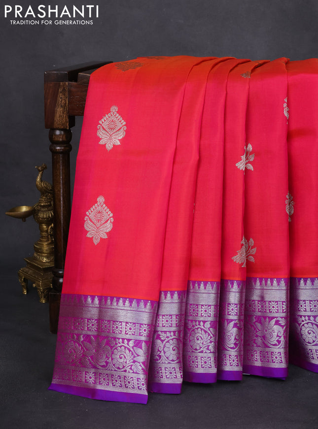 Venkatagiri silk saree dual shade of pinkish orange and purple with silver zari woven buttas and rich silver zari woven border