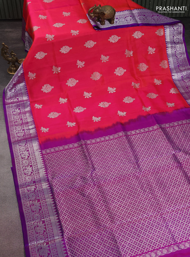 Venkatagiri silk saree dual shade of pinkish orange and purple with silver zari woven buttas and rich silver zari woven border