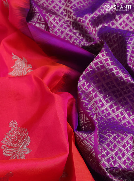 Venkatagiri silk saree dual shade of pinkish orange and purple with silver zari woven buttas and rich silver zari woven border
