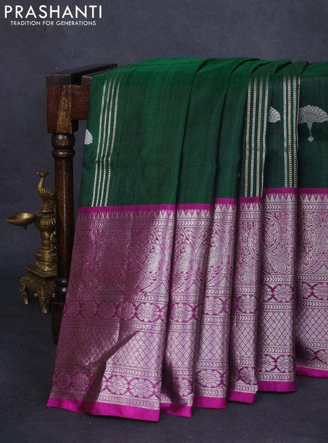 Venkatagiri silk saree dark green and purple with allover zari weaves & buttas and long silver zari woven border