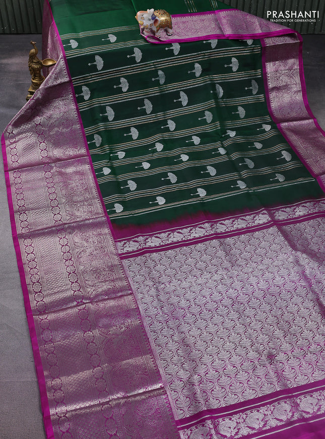 Venkatagiri silk saree dark green and purple with allover zari weaves & buttas and long silver zari woven border