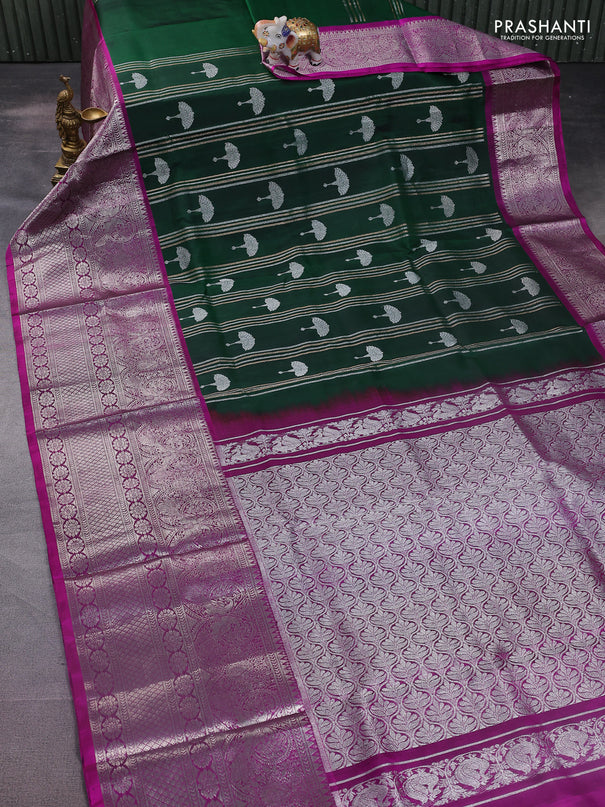 Venkatagiri silk saree dark green and purple with allover zari weaves & buttas and long silver zari woven border
