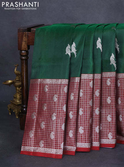 Venkatagiri silk saree dark green and maroon with silver zari woven buttas and long silver zari woven checked border