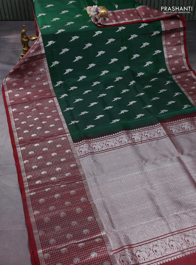 Venkatagiri silk saree dark green and maroon with silver zari woven buttas and long silver zari woven checked border