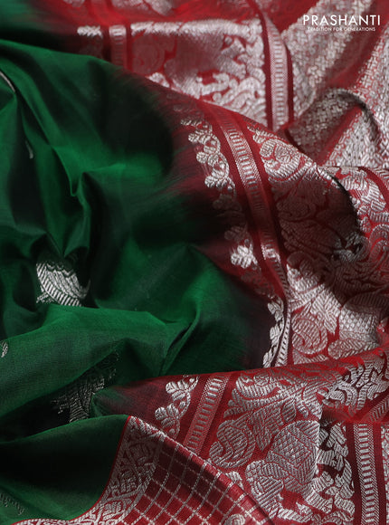 Venkatagiri silk saree dark green and maroon with silver zari woven buttas and long silver zari woven checked border