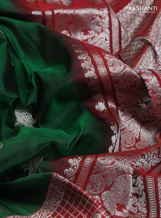Venkatagiri silk saree dark green and maroon with silver zari woven buttas and long silver zari woven checked border
