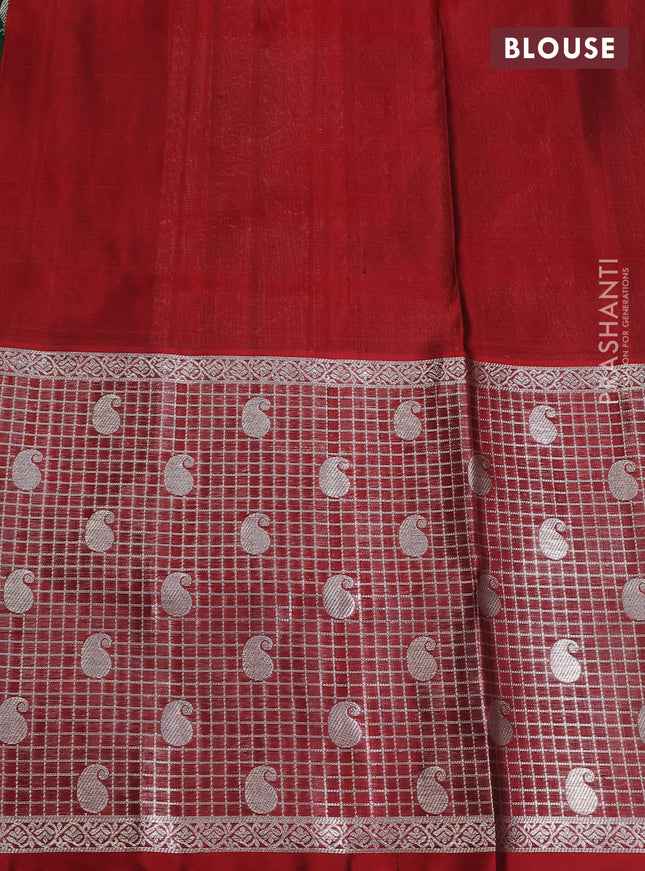 Venkatagiri silk saree dark green and maroon with silver zari woven buttas and long silver zari woven checked border