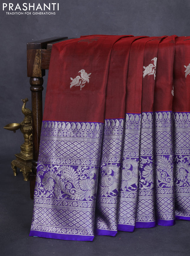 Venkatagiri silk saree maroon and blue with silver zari woven buttas and long silver zari woven border