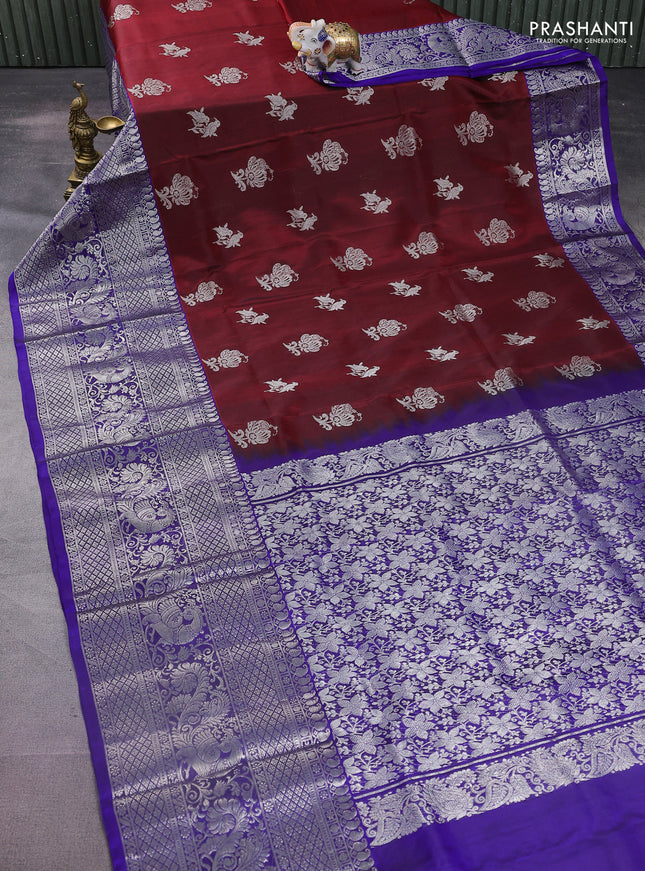 Venkatagiri silk saree maroon and blue with silver zari woven buttas and long silver zari woven border