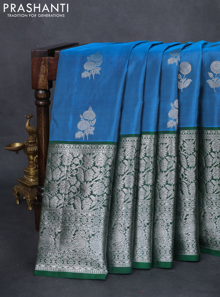 Venkatagiri silk saree cs blue and green with silver zari woven floral buttas and long silver zari woven border