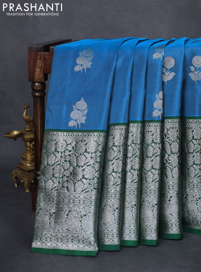 Venkatagiri silk saree cs blue and green with silver zari woven floral buttas and long silver zari woven border