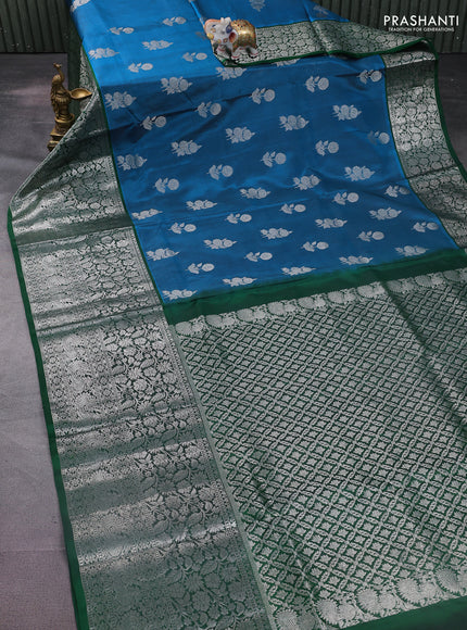 Venkatagiri silk saree cs blue and green with silver zari woven floral buttas and long silver zari woven border