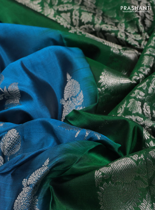 Venkatagiri silk saree cs blue and green with silver zari woven floral buttas and long silver zari woven border
