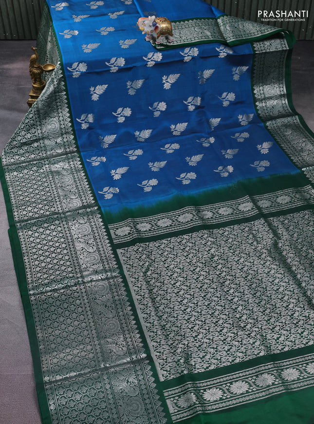 Venkatagiri silk saree cs blue and green with silver zari woven buttas and long silver zari woven border