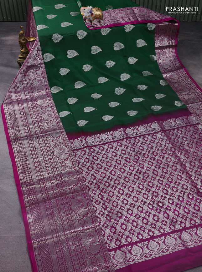 Venkatagiri silk saree green and purple with silver zari woven buttas and long silver zari woven border