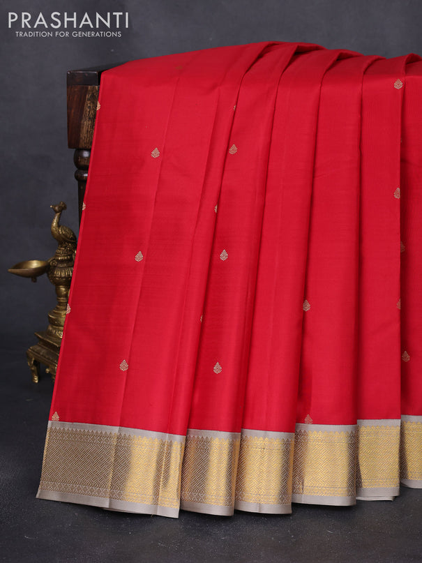 Pure kanchipuram silk saree red and grey shade with zari woven buttas and zari woven korvai border