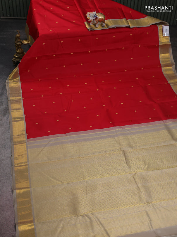 Pure kanchipuram silk saree red and grey shade with zari woven buttas and zari woven korvai border
