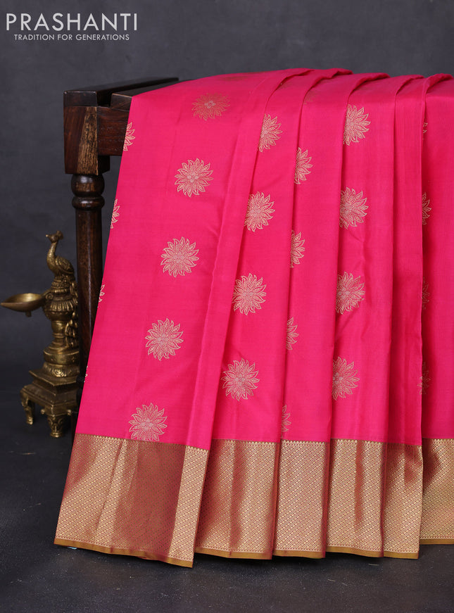 Pure kanchipuram silk saree candy pink and mehendi green with zari woven floral buttas and zari woven border
