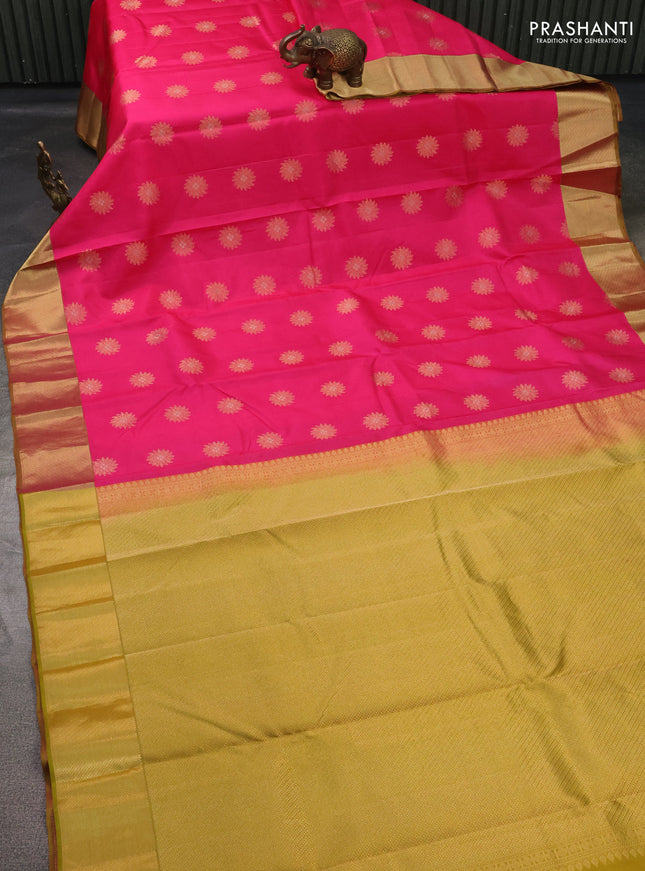 Pure kanchipuram silk saree candy pink and mehendi green with zari woven floral buttas and zari woven border
