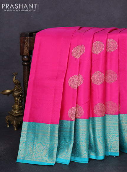 Pure kanchipuram silk saree candy pink and teal blue with zari woven buttas and zari woven korvai border
