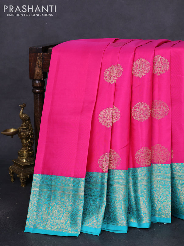 Pure kanchipuram silk saree candy pink and teal blue with zari woven buttas and zari woven korvai border