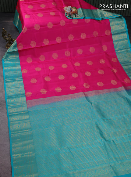 Pure kanchipuram silk saree candy pink and teal blue with zari woven buttas and zari woven korvai border