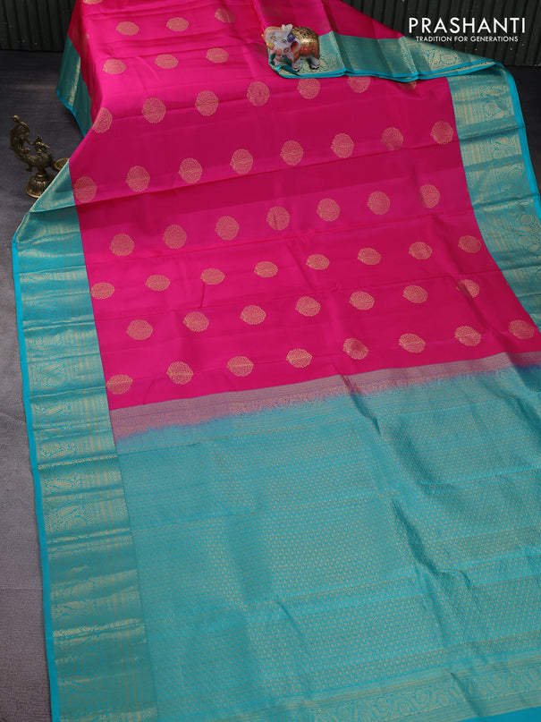 Pure kanchipuram silk saree candy pink and teal blue with zari woven buttas and zari woven korvai border