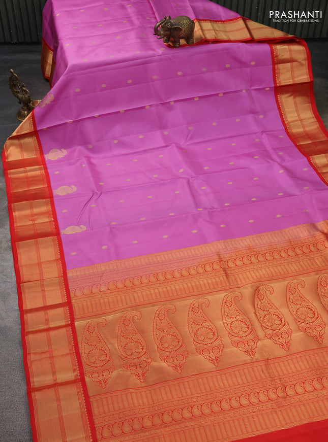 Pure kanchipuram silk saree lavender and red with zari woven buttas and zari woven korvai border