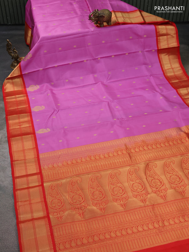 Pure kanchipuram silk saree lavender and red with zari woven buttas and zari woven korvai border