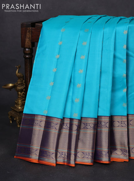 Pure kanchipuram silk saree teal blue and navy blue with zari woven buttas and zari woven border