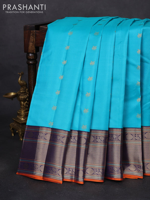 Pure kanchipuram silk saree teal blue and navy blue with zari woven buttas and zari woven border