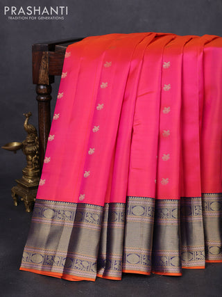 Pure kanchipuram silk saree dual shade of pinkish orange and navy blue with zari woven buttas and zari woven border