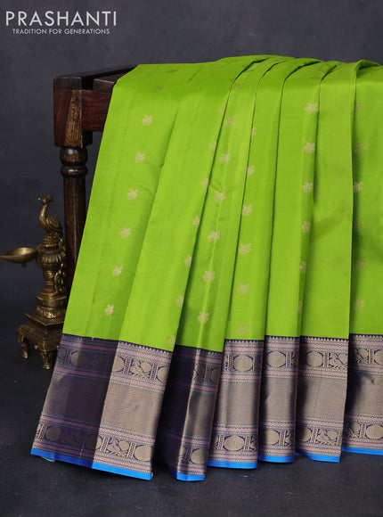 Pure kanchipuram silk saree light green and navy blue with zari woven buttas and zari woven border