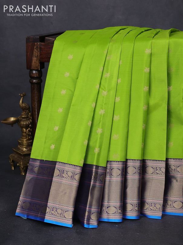 Pure kanchipuram silk saree light green and navy blue with zari woven buttas and zari woven border