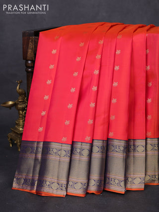 Pure kanchipuram silk saree dual shade of pinkish orange and navy blue with zari woven buttas and zari woven border