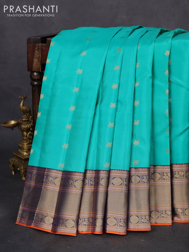 Pure kanchipuram silk saree teal green and navy blue with zari woven buttas and zari woven border