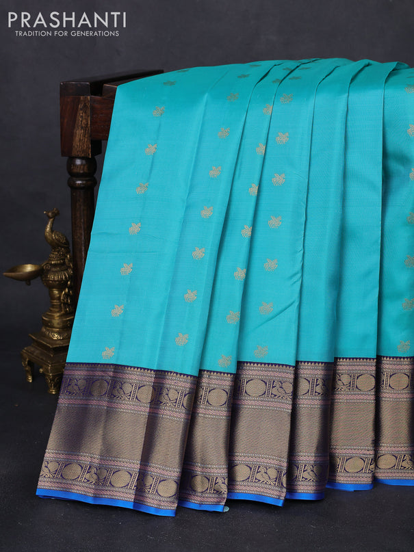 Pure kanchipuram silk saree teal blue and cs blue with zari woven buttas and zari woven border