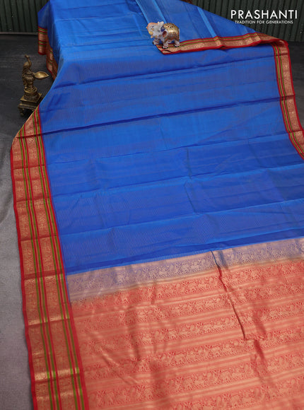 Pure kanchipuram silk saree cs blue and red with allover zari woven stripes pattern and zari woven border