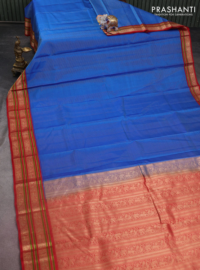 Pure kanchipuram silk saree cs blue and red with allover zari woven stripes pattern and zari woven border