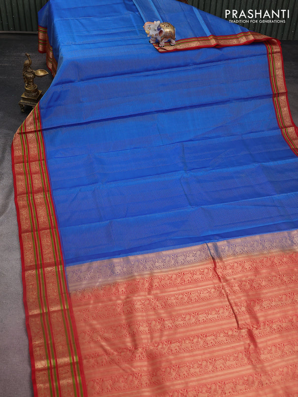 Pure kanchipuram silk saree cs blue and red with allover zari woven stripes pattern and zari woven border