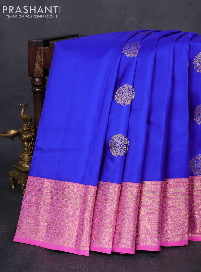 Pure kanchipuram silk saree royal blue and pink with zari woven buttas and zari woven korvai border