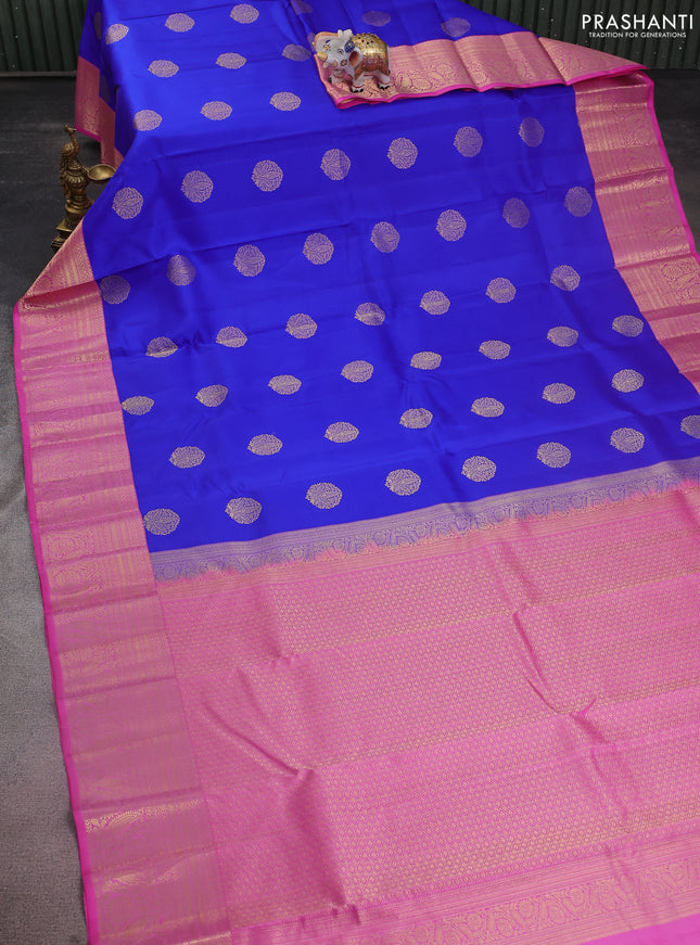 Pure kanchipuram silk saree royal blue and pink with zari woven buttas and zari woven korvai border