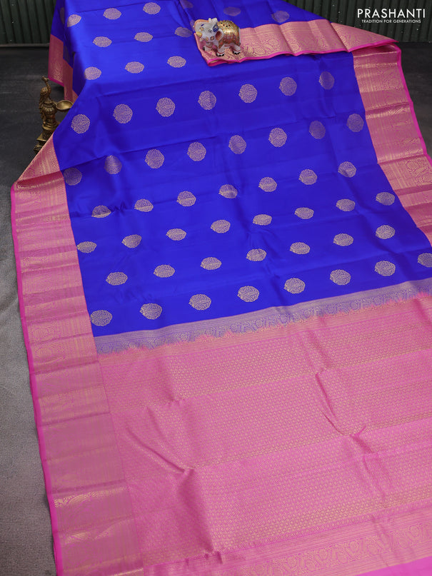 Pure kanchipuram silk saree royal blue and pink with zari woven buttas and zari woven korvai border