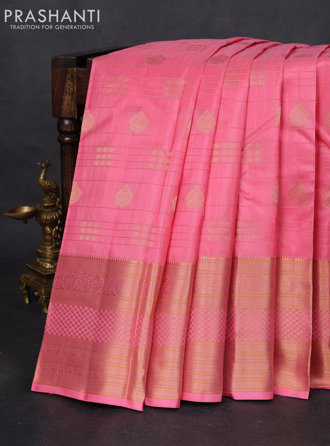 Pure kanchipuram silk saree peach pink with allover checks & zari buttas and long rich zari woven border