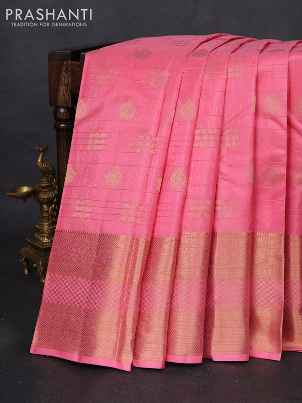 Pure kanchipuram silk saree peach pink with allover checks & zari buttas and long rich zari woven border