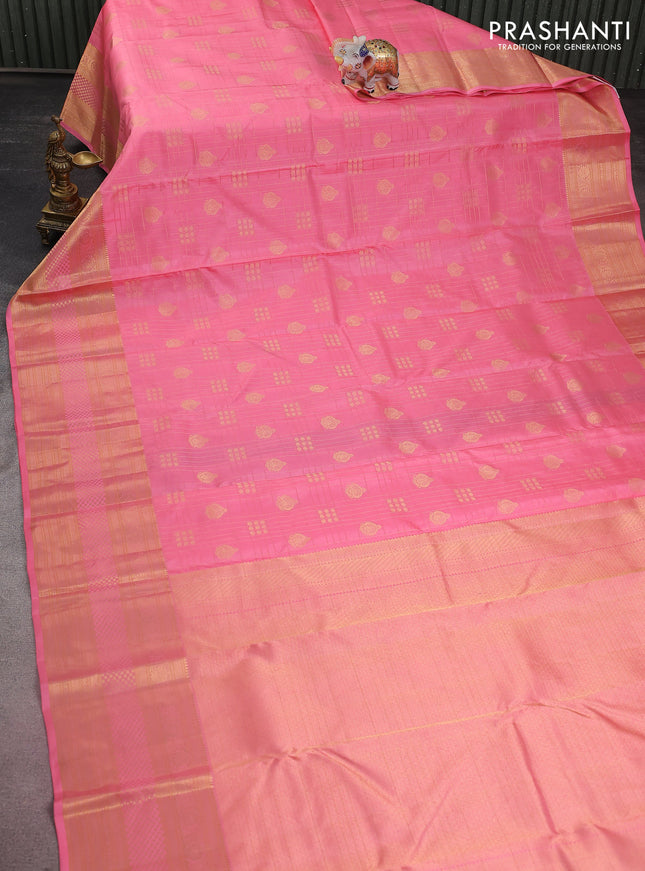 Pure kanchipuram silk saree peach pink with allover checks & zari buttas and long rich zari woven border