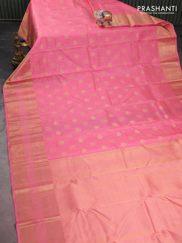 Pure kanchipuram silk saree peach pink with allover checks & zari buttas and long rich zari woven border